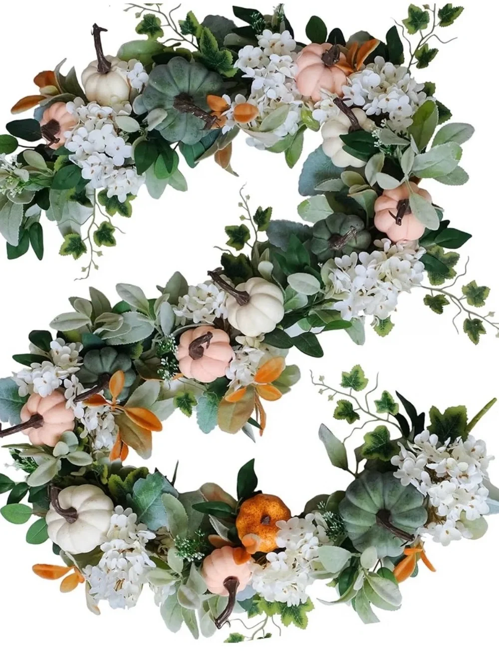 New Fall Pumpkin & Hydrangea garland Peach, White, Green boho farmhouse